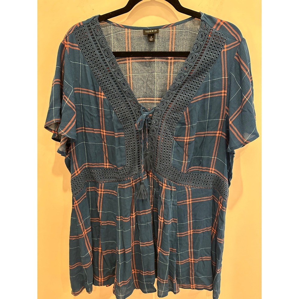 Torrid Women 2 Plaid Crochet Lace Babydoll Top Teal Blue Orange Tassel V-Neck